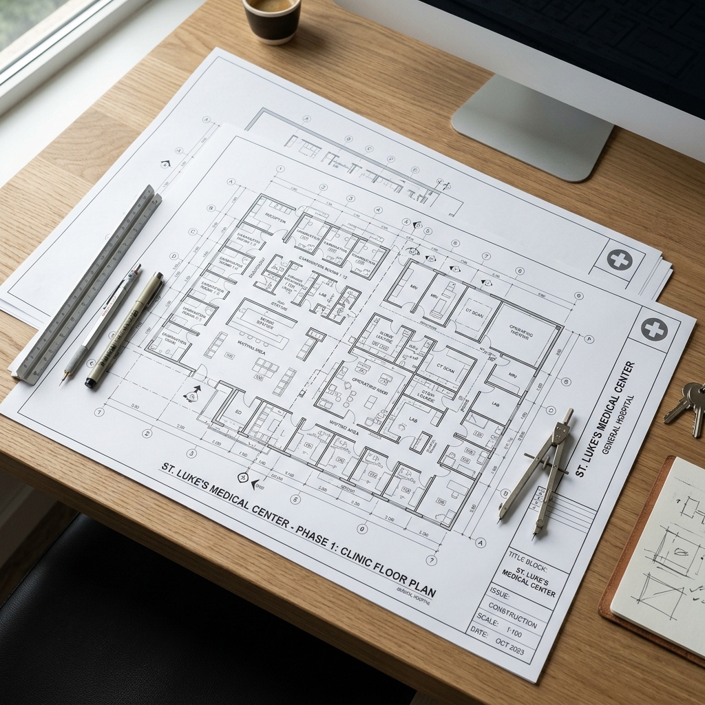 Desenho técnico de blueprints arquitetônicos para aprovação sanitária
